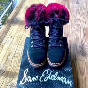 Sam Edelman 7 black suede hiking boots pink fur